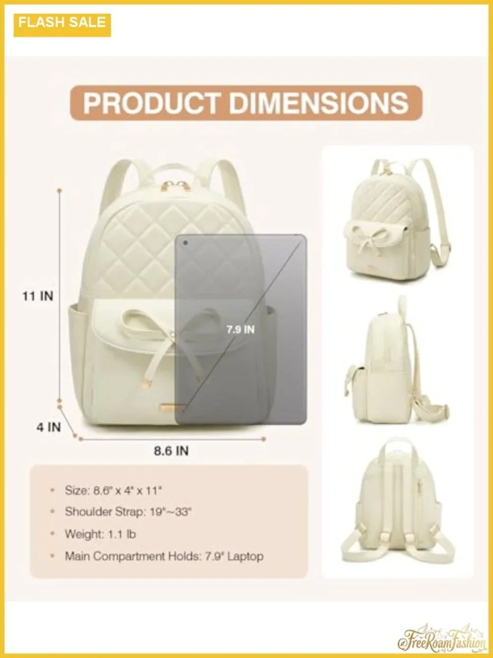 Faux Leather Quilted Mini Backpack with Bow for Women - 6 Pockets, Adjustable